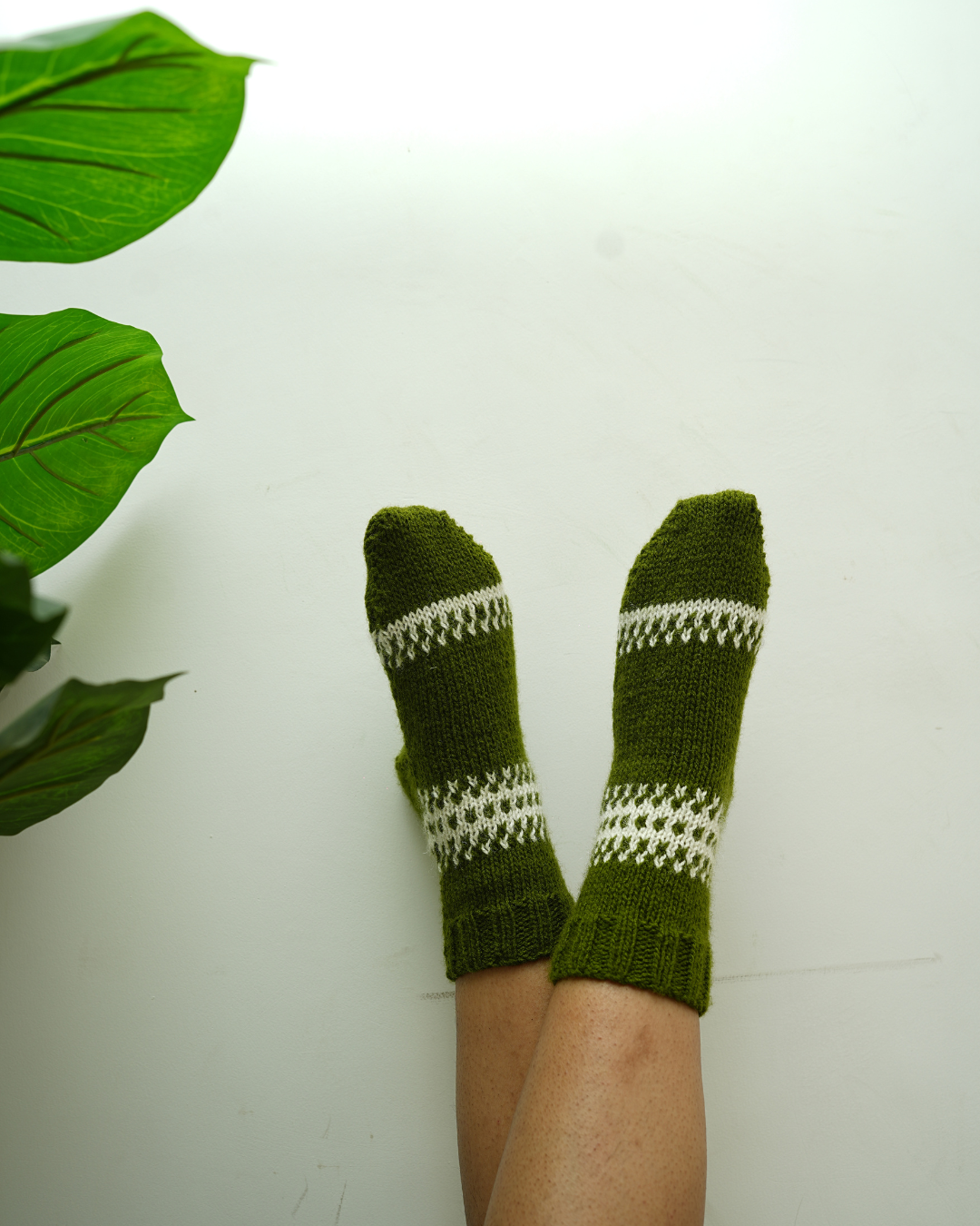Hand-Knit Olive Wool Socks with White Detailing