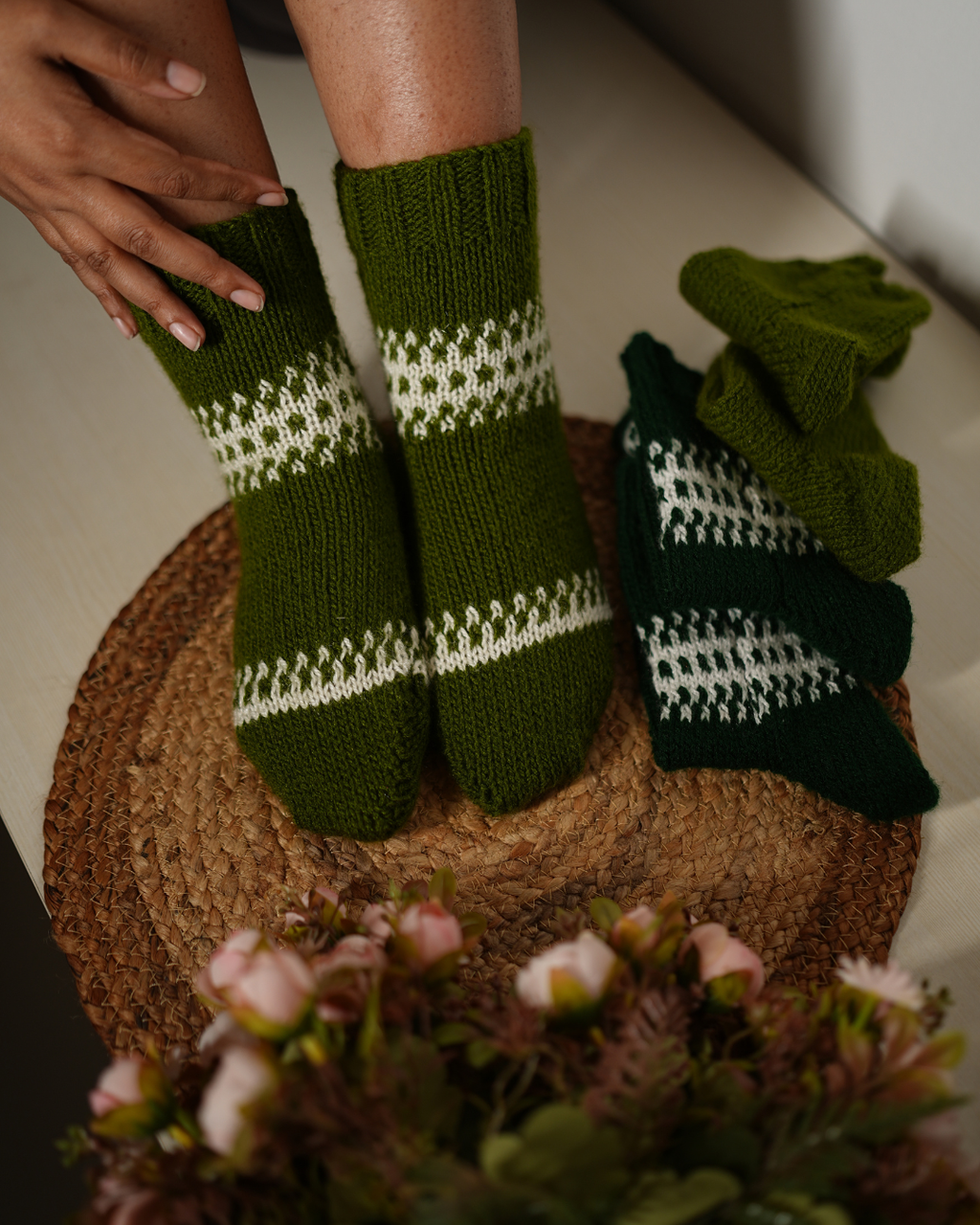 Hand-Knit Olive Wool Socks with White Detailing