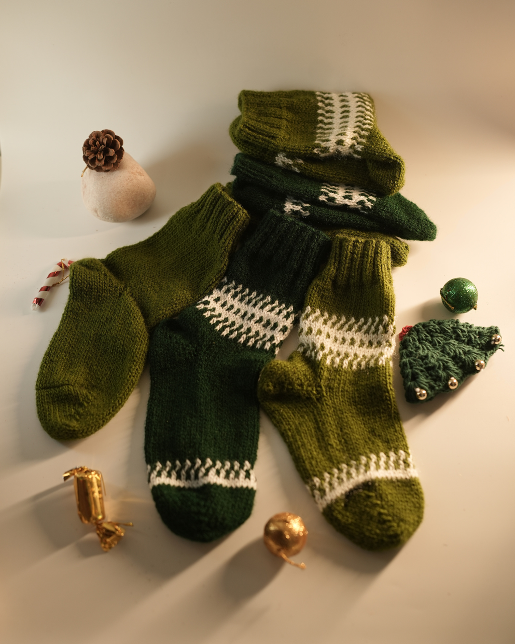 Hand-Knit Green Wool Socks – Pack of 3 (Olive & Bottle Green)