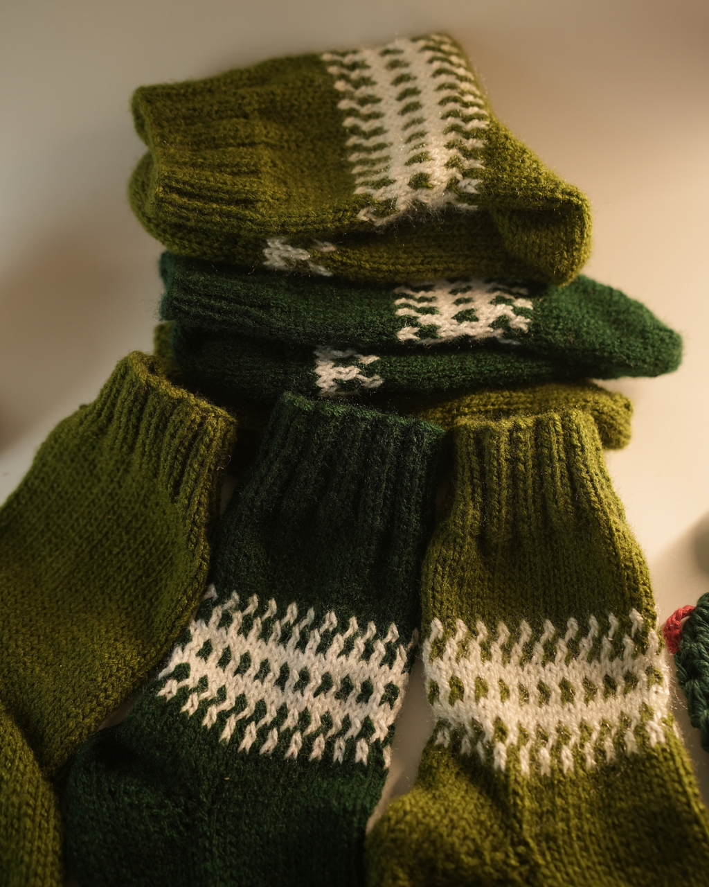 Hand-Knit Green Wool Socks – Pack of 3 (Olive & Bottle Green)