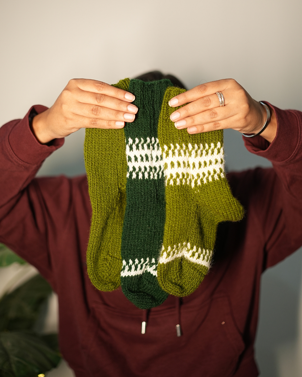 Hand-Knit Green Wool Socks – Pack of 3 (Olive & Bottle Green)