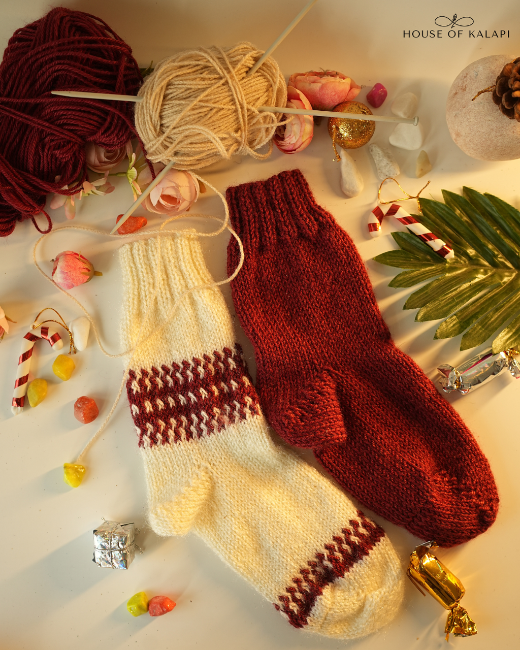 Hand-Knit Wool Socks: Pack of 2 (Cream & Maroon)
