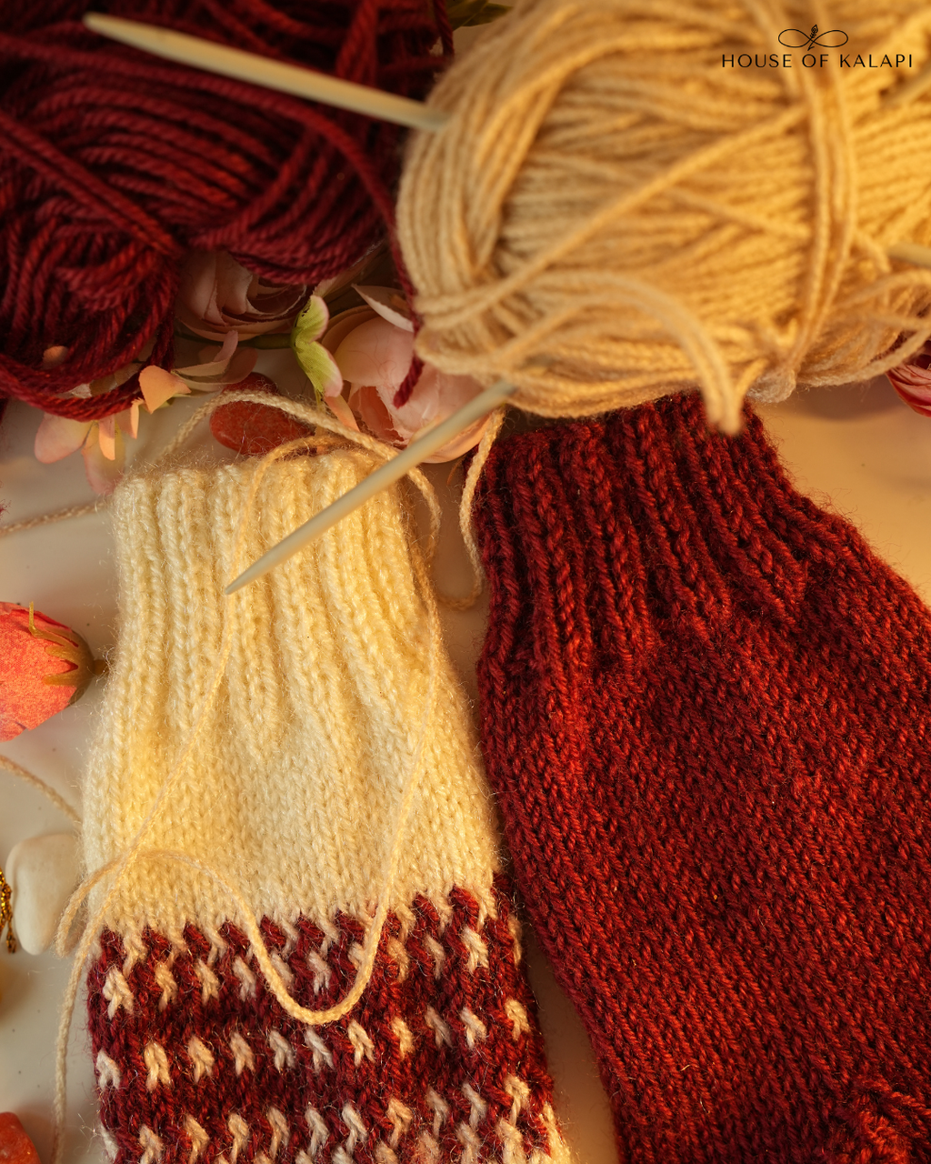 Hand-Knit Wool Socks: Pack of 2 (Cream & Maroon)