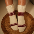 Hand-Knit Cream Wool Socks with Maroon Detailing