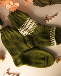 Hand-Knit Olive Wool Socks – Pack of 2 (White Detailing)