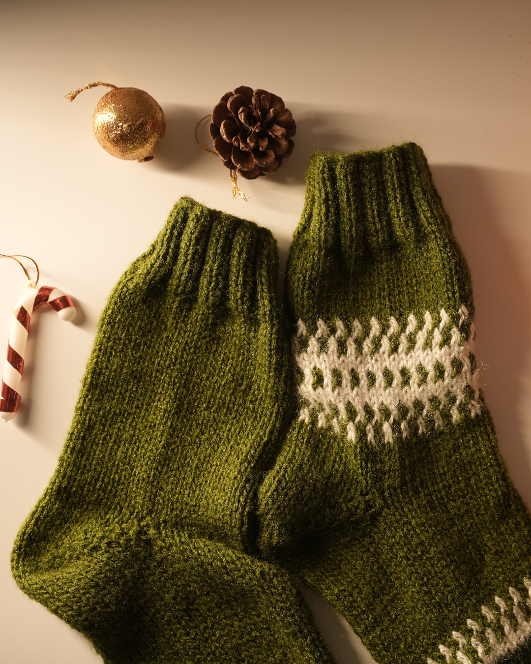Hand-Knit Olive Wool Socks – Pack of 2 (White Detailing)