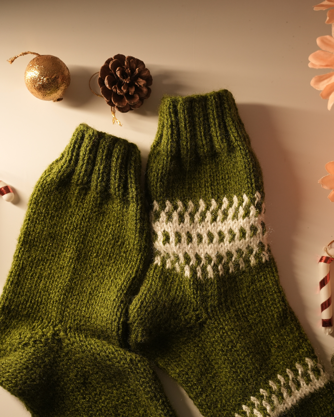 Hand-Knit Olive Wool Socks – Pack of 2 (White Detailing)