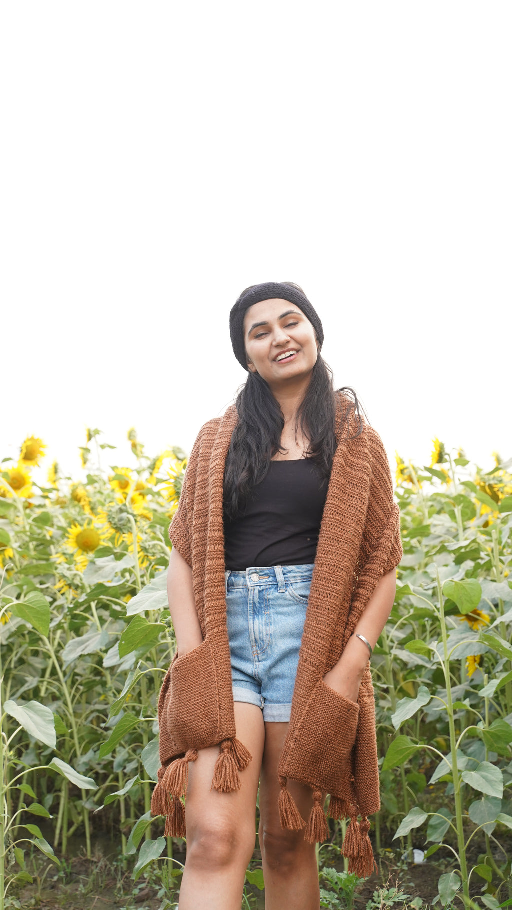 Brown Tassel Pocket Shawl / Ruana