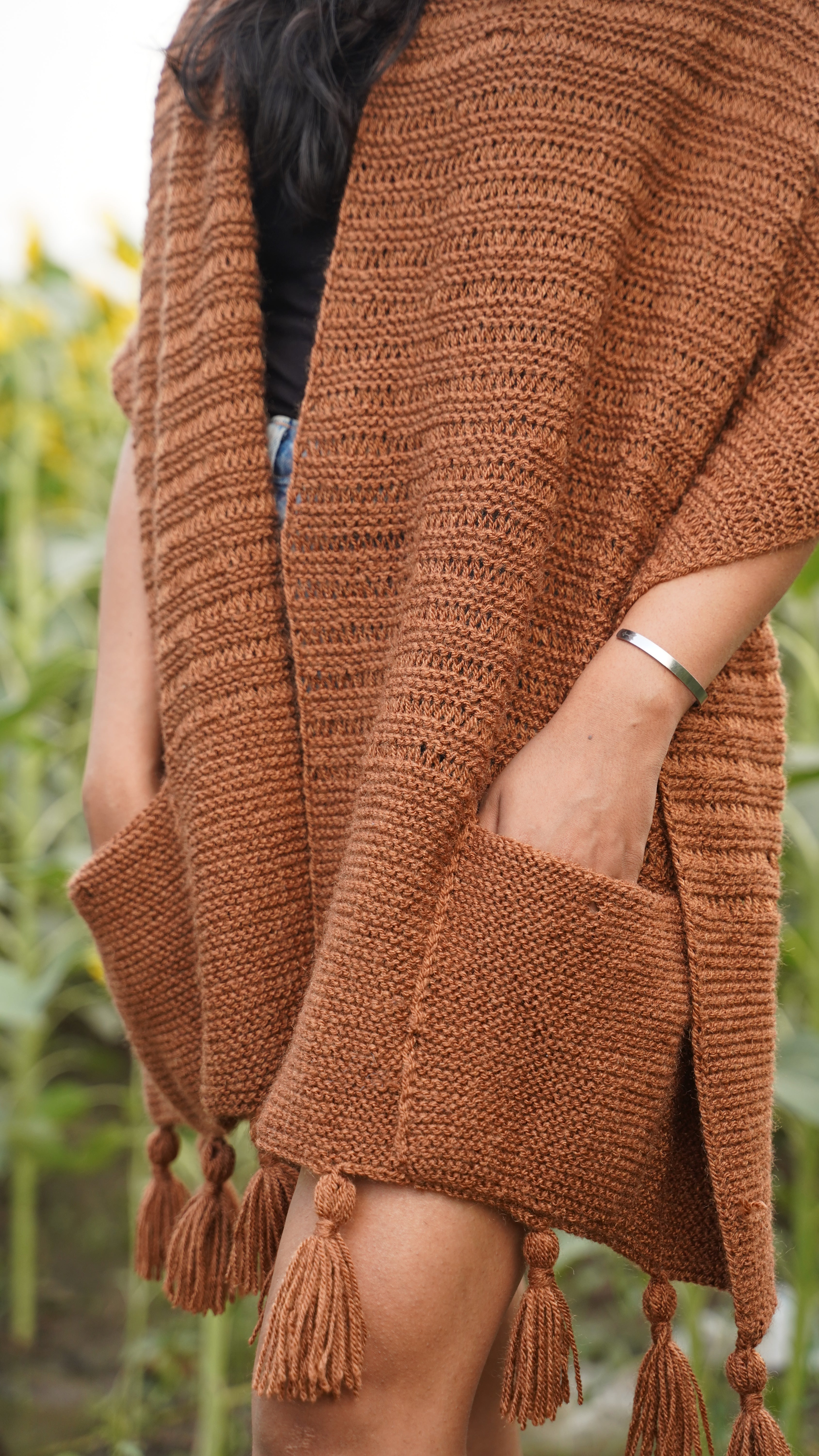 Brown Tassel Pocket Shawl / Ruana