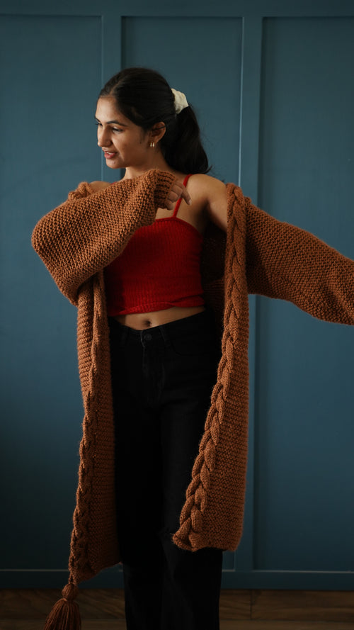 Brown Cable-Edge Longline Shrug