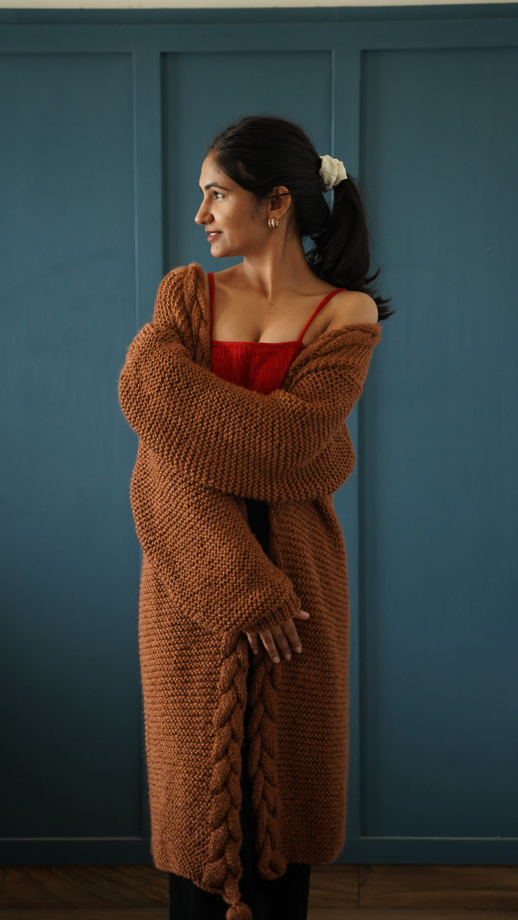 Brown Cable-Edge Longline Shrug