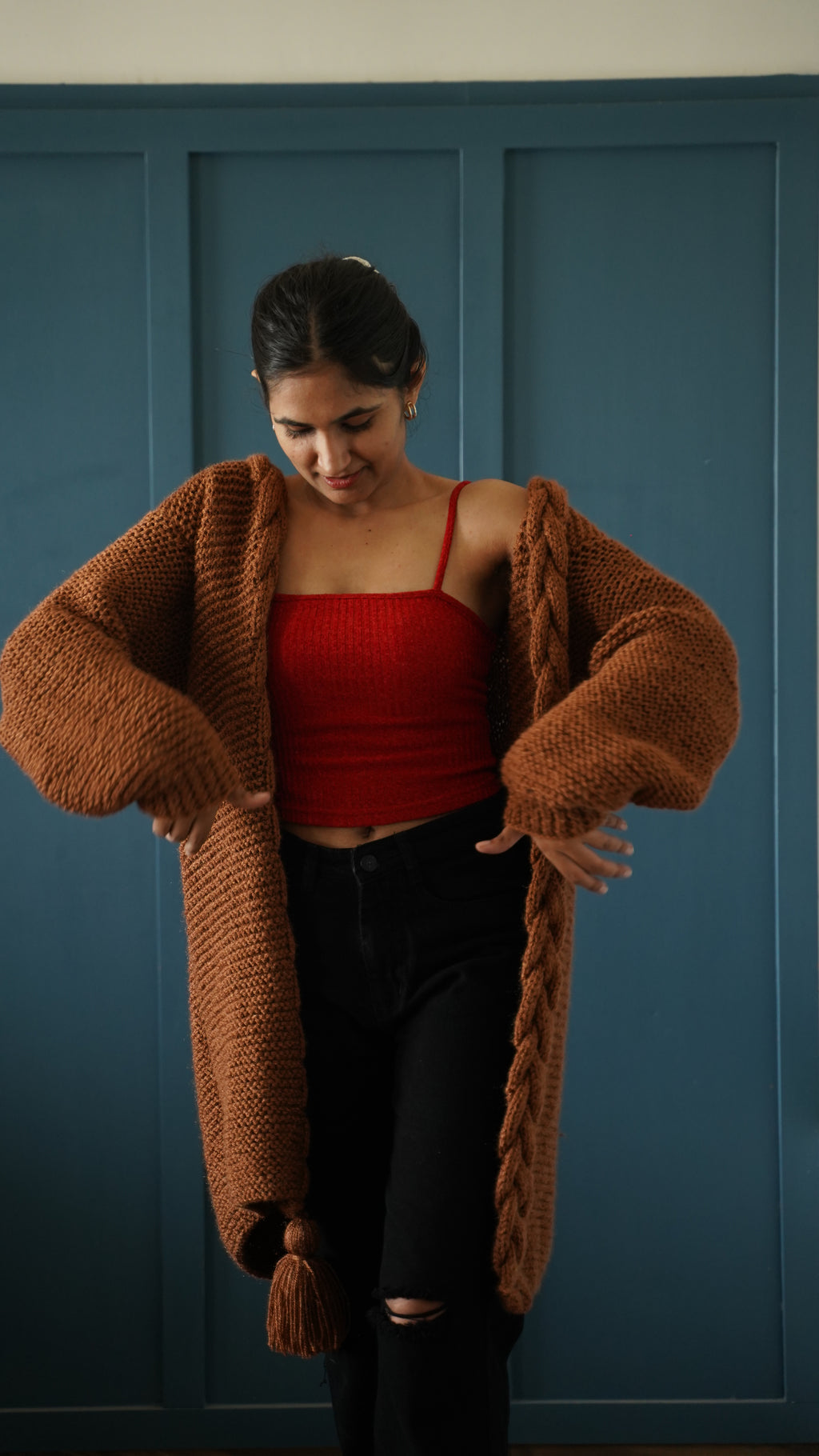 Brown Cable-Edge Longline Shrug