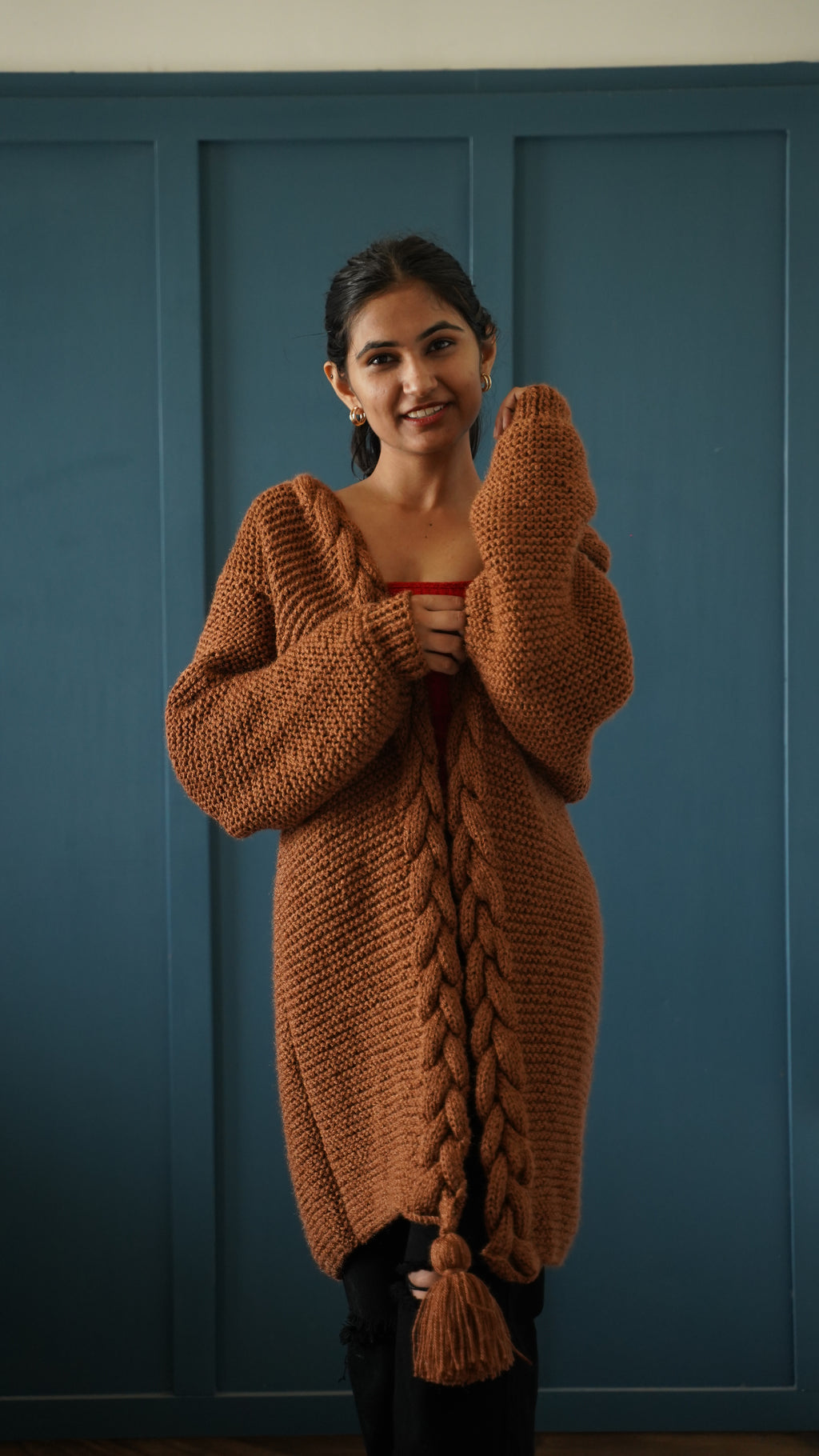 Brown Cable-Edge Longline Shrug