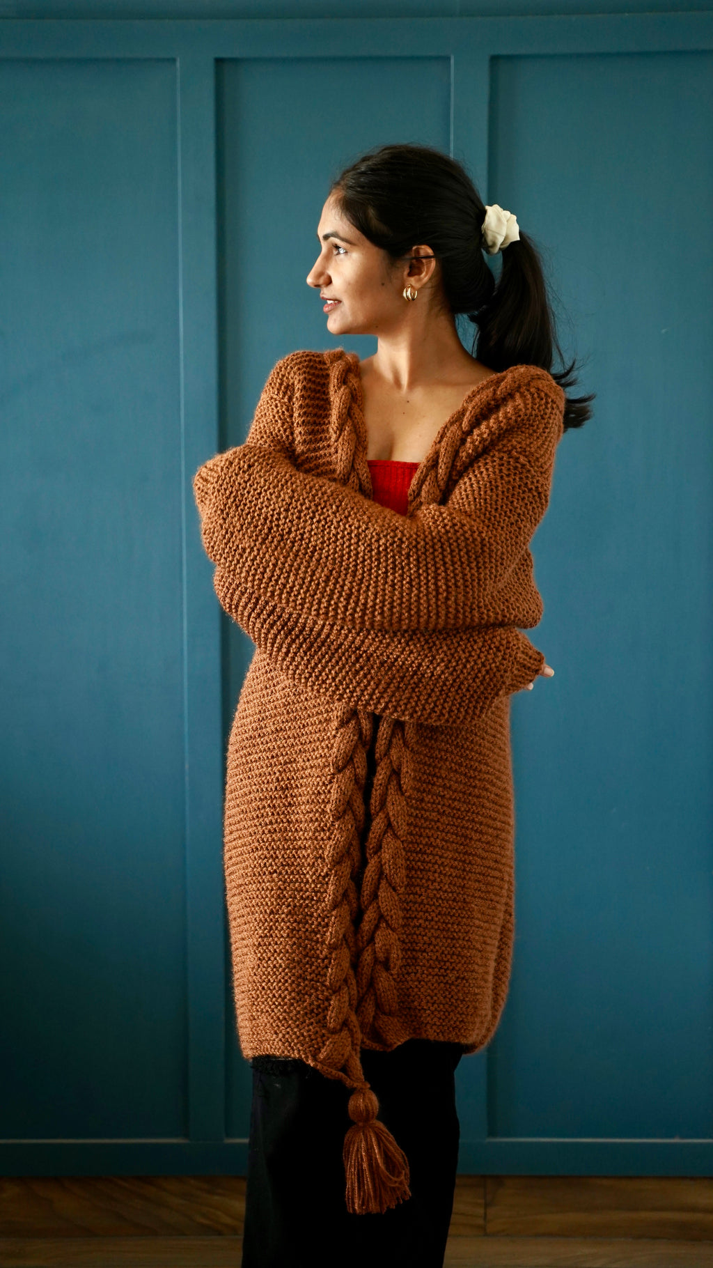 Brown Cable-Edge Longline Shrug